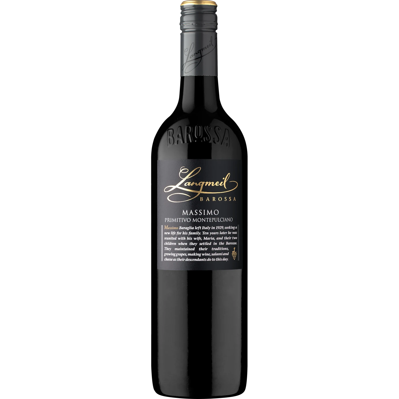 Langmeil Winery Massimo Montepulciano Primitivo bottle, a unique blend of Italian varietals, a must-try for red wine aficionados exploring Barossa wines.