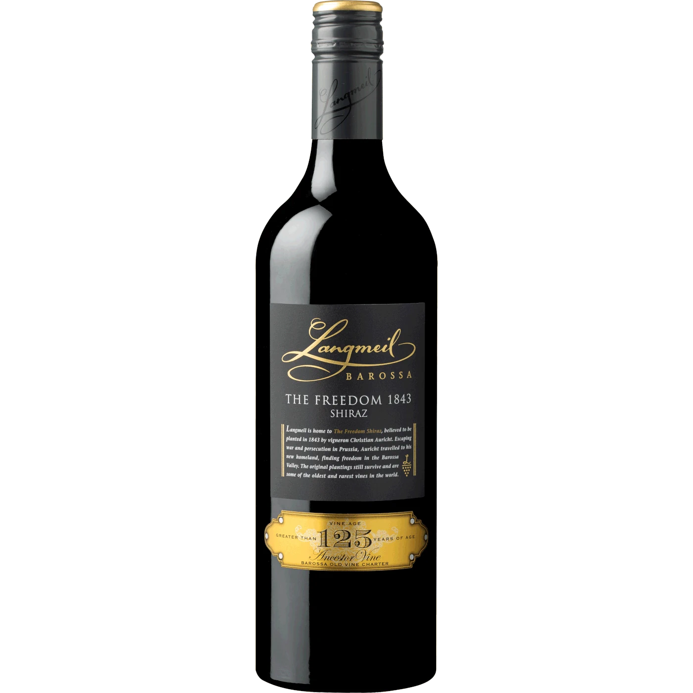 2015 The Freedom 1843 Shiraz bottle from Langmeil Winery, a historic museum wine re-release sourced from the world's oldest Shiraz vineyard, perfect for gifting or collectors.