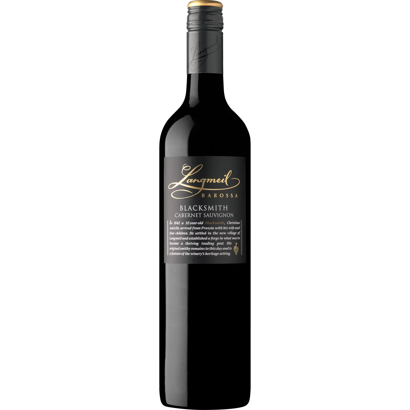 Langmeil Winery Blacksmith Cabernet Sauvignon bottle, a distinguished red wine crafted from premium grapes in Barossa Valley.