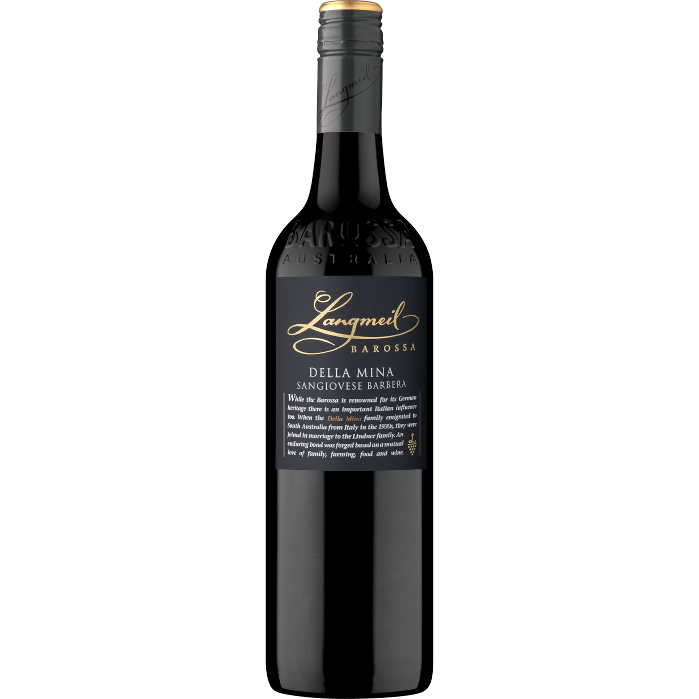 Langmeil Winery Della Mina Sangiovese Barbera bottle, an Italian-inspired red blend offering a delightful tasting experience for wine lovers from Australia.