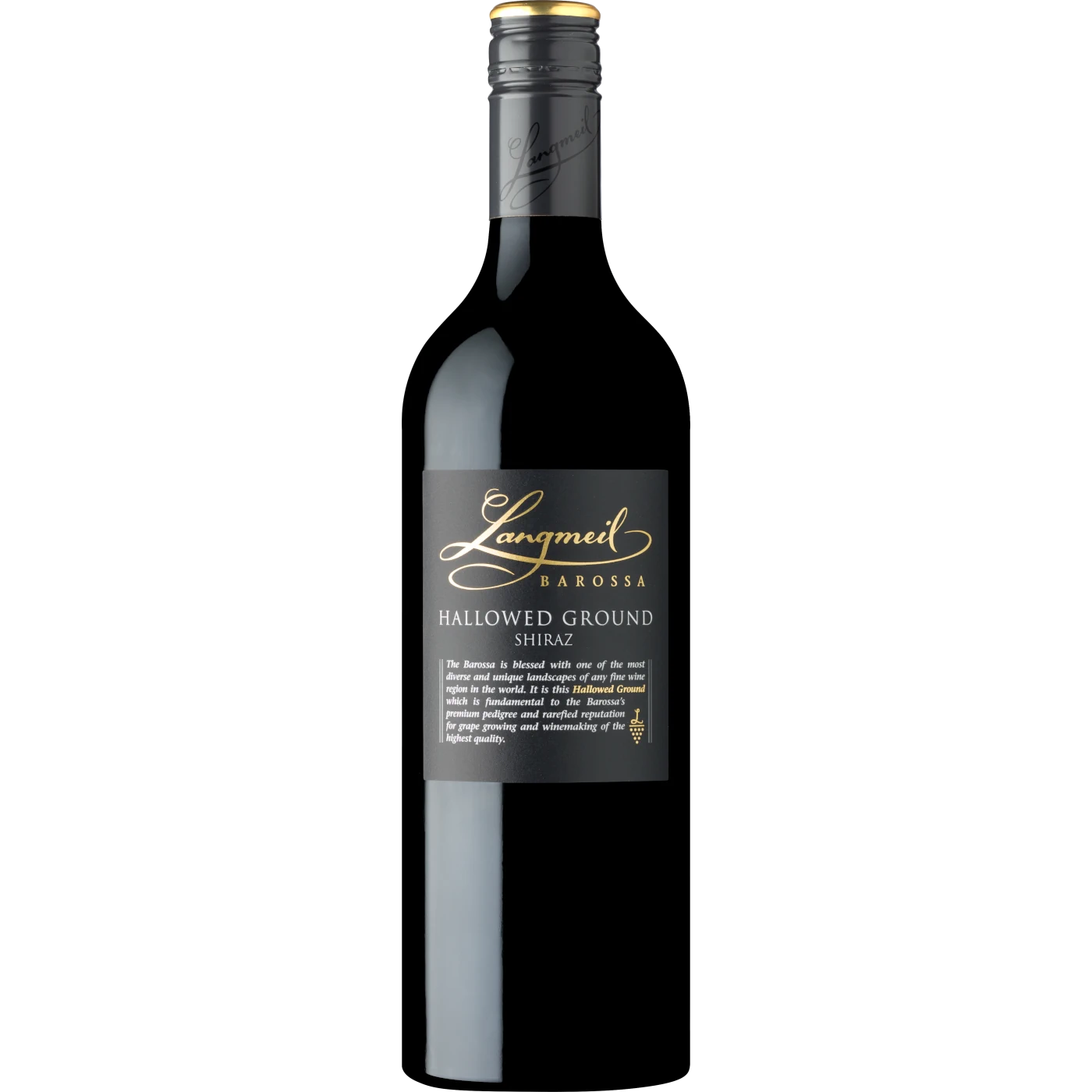 Langmeil Winery Hallowed Ground Shiraz bottle, a sumptuous and rich red wine from Barossa Valley’s finest old vineyards, epitomizing the elegant style of the region.