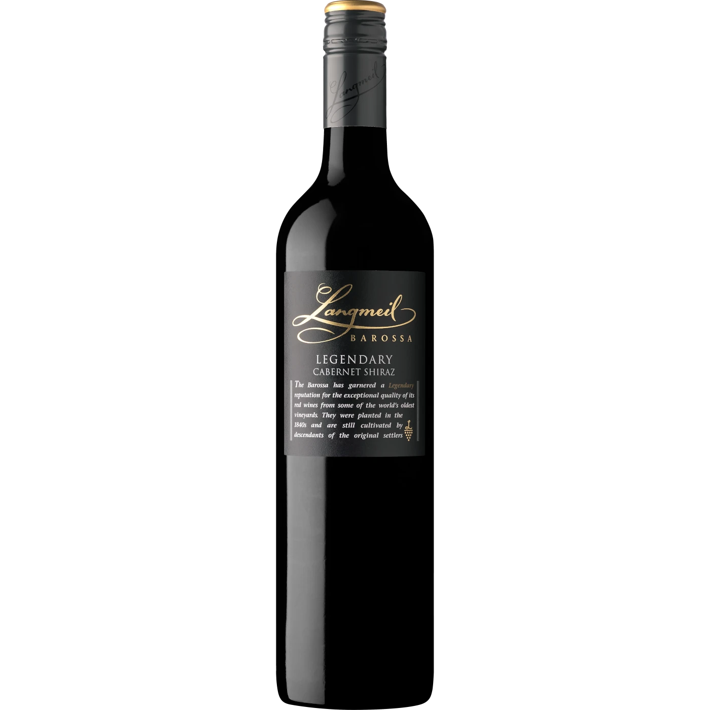 Langmeil Winery Legendary Cabernet Shiraz bottle, showcasing the esteemed blend from Barossa Valley, perfect for lovers of robust Australian wines.