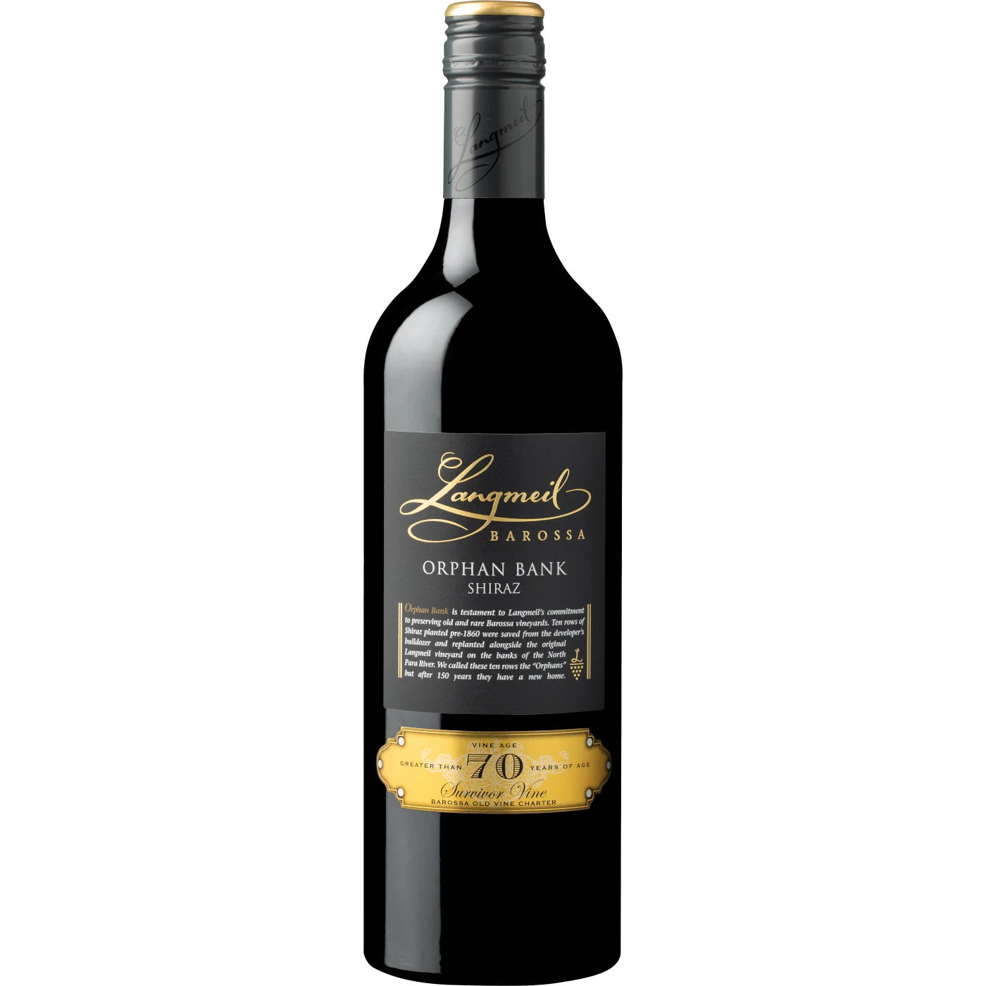 Langmeil Winery Orphan Bank Shiraz bottle, a premium red wine with rich, full flavors reflecting the heritage of Barossa Valley's old vines and winemaking tradition.
