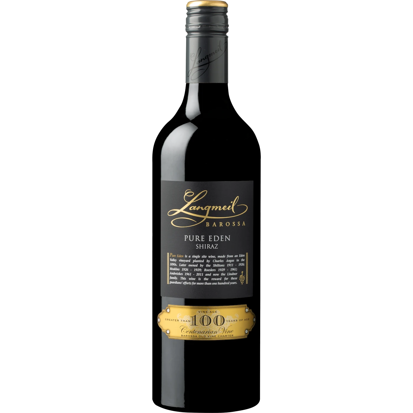 Langmeil Winery Pure Eden Shiraz bottle, an exceptional wine from Eden Valley, known for its bold flavors and the character derived 100 year old vines.