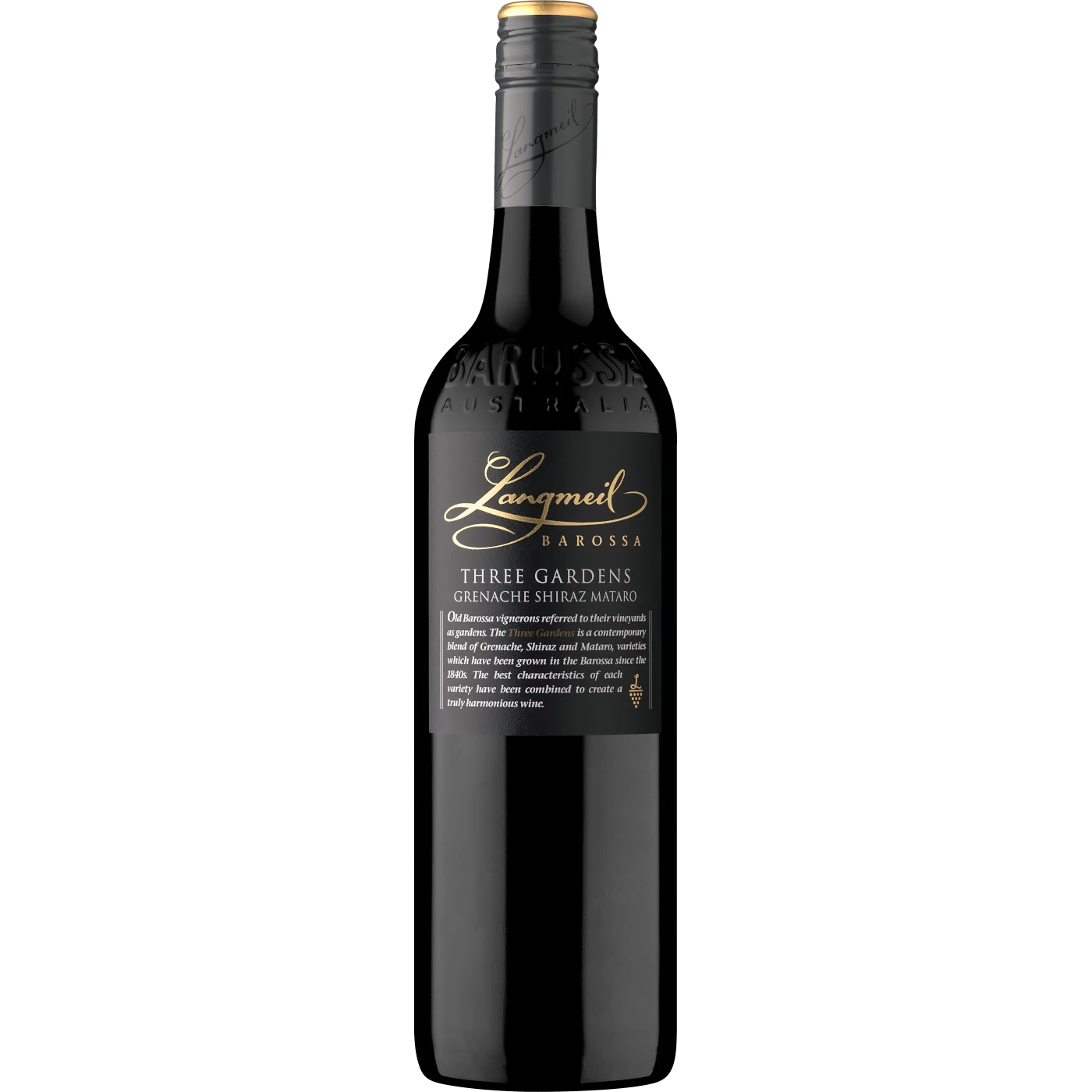Langmeil Winery Three Gardens Grenache Shiraz Mataro bottle, a celebrated Barossa Valley red blend offering depth and character for wine lovers.