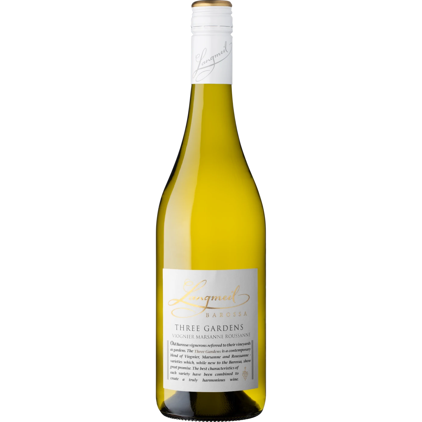 Langmeil Winery Three Gardens Viognier Marsanne Roussanne bottle, a blend of vibrant white varietals from a renowned Barossa Valley winery.
